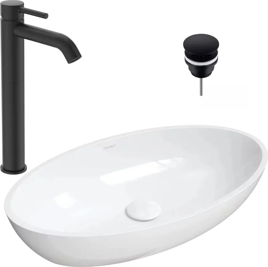 Pachet lavoar pe blat Omnires Siena M+ alb 60 cm, baterie lavoar Ideal Standard Ceraline negru si ventil lavoar Click-Clack negru