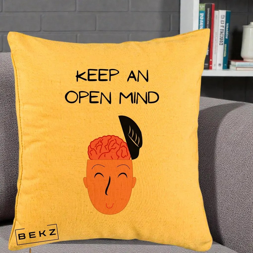 Perna Decorativa Keep An Open Mind, 40x40 cm, Galben, Husa Detasabila, Perna Inclusa, BEKZ®
