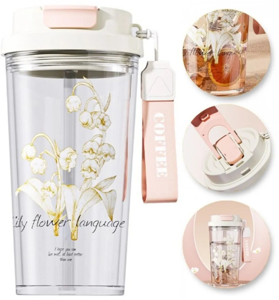 Pahar din sticlă , cu capac și pai, imprimeu floral, 550 ml, eCarla, BD29