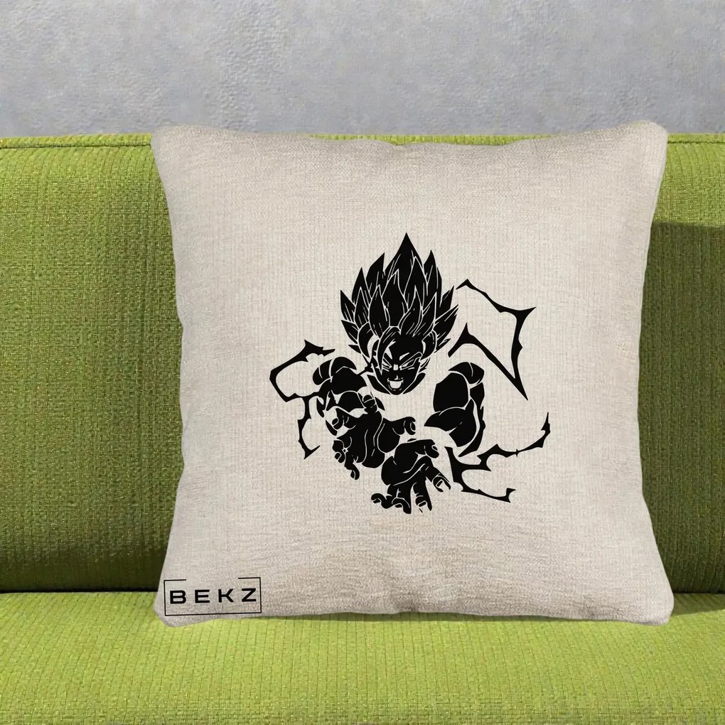 Perna Personalizata Dragon Ball Goku Super Saiyan Silueta, 40x40 cm, Bej Canapea, Husa Detasabila, Perna Inclusa, BEKZ®