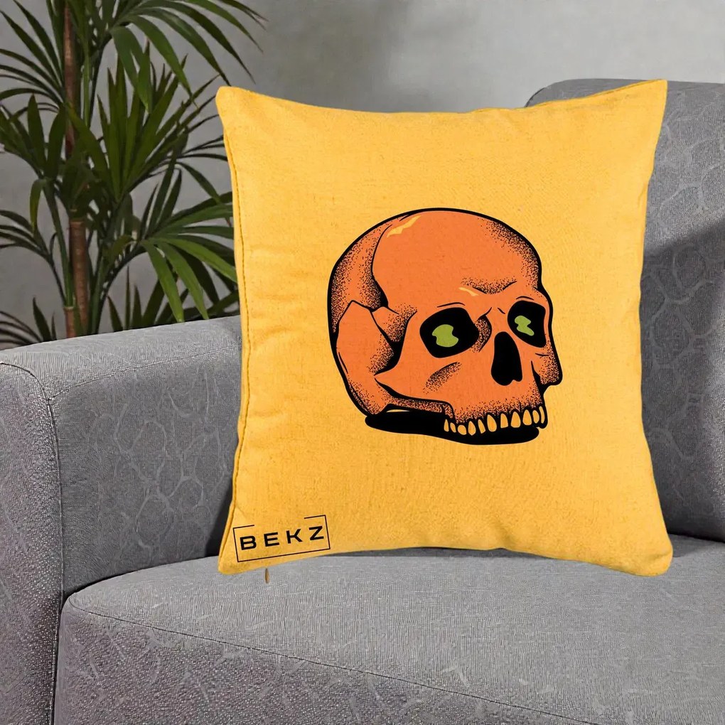 Perna Decorativa Craniu Roz Tatoo Art Halloween, 40x40 cm, Galben, Husa Detasabila, Perna Inclusa, BEKZ®