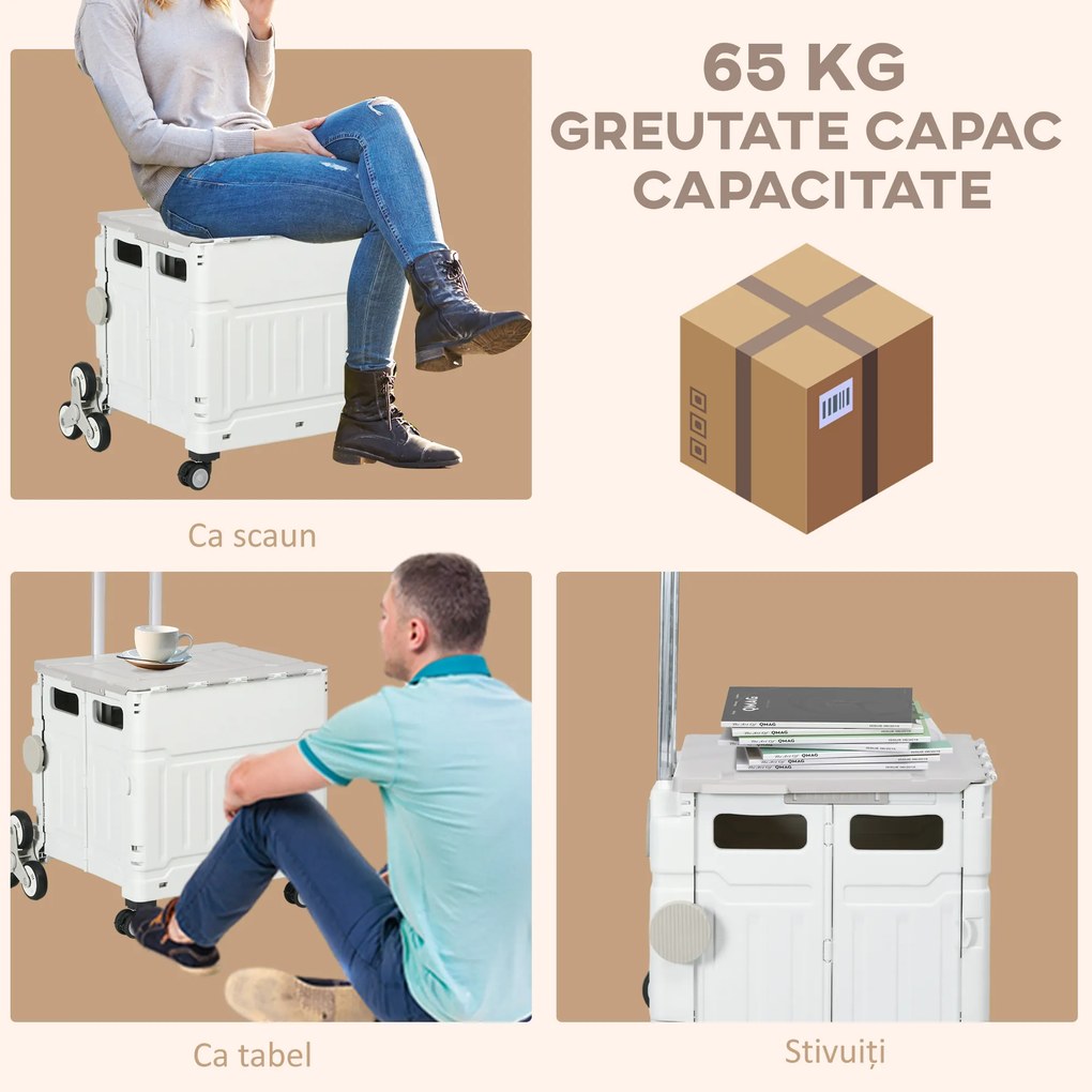 HOMCOM Cărucior Pliabil pentru Cumpărături cu Roți pentru Scări și Mâner Telescopic, Capacitate 80 kg, 51L, Cărucior din Aluminiu pentru Cumpărături și Camping, Alb, 52 x 48 x 100 cm | Aosom Romania