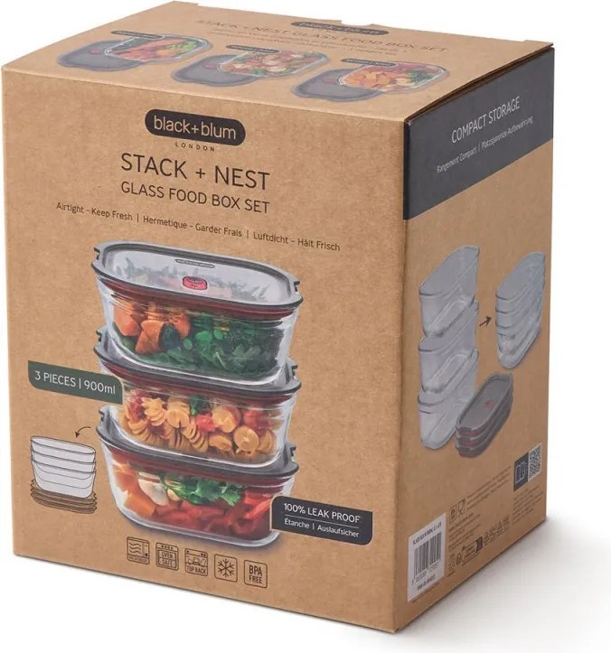 Set de 3 cutii pentru alimente Black+Blum Stack+Nest FBGR-BX-MPACK3, 0,9 l, dreptunghiulare, potrivite pentru cuptor, fără BPA, oțel inoxidabil, gri/roșu