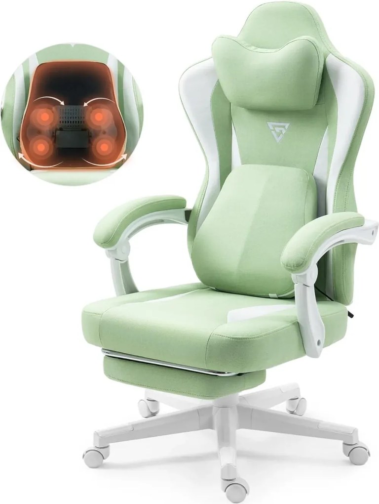 ErgoRelax Pro JD– Scaun Gaming Ergonomic, Masaj Lombar si Incalzire, Spătar Rabatabil 155°, Suport picioare, Material textil, Verde/Alb