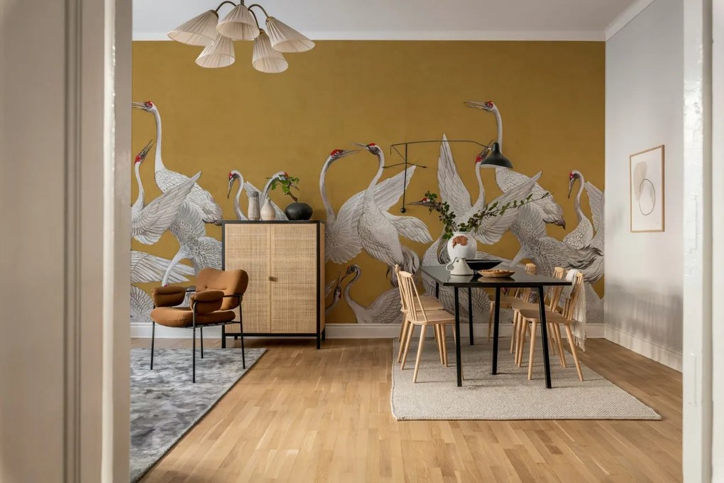 Fototapet, Soaring Cranes, Yellow, Rebel Walls