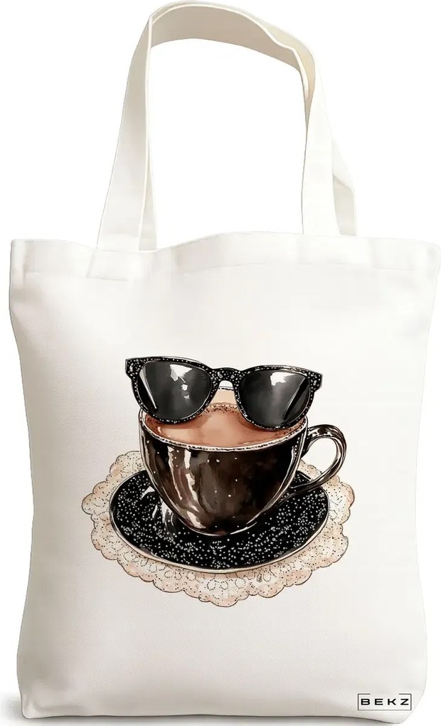 Sacosa de Panza pentru Cumparaturi, Geanta Tote, model Stylish Coffee 2 38 x 34.5 cm, Alba, BEKZ®