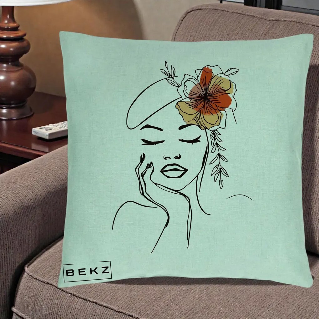 Perna Decorativa Portret Feminin Flori Palarie, 40x40 cm, Verde Menta, Husa Detasabila, Perna Inclusa, BEKZ®