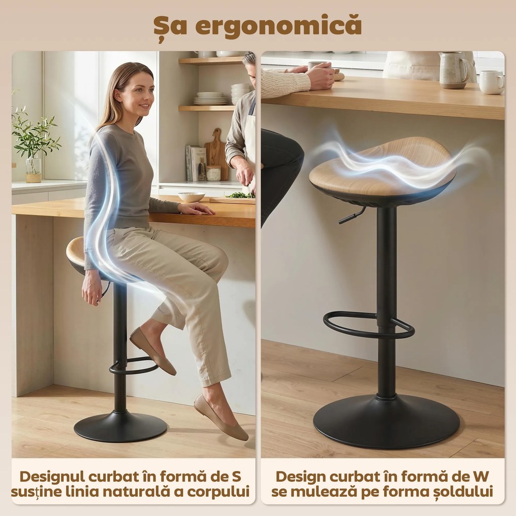 HOMCOM Set 2 scaune de bar din PU, reglabile pe înălțime, rotative 360°, cu suport pentru picioare, bază din oțel, efect lemn de stejar | Aosom Romania