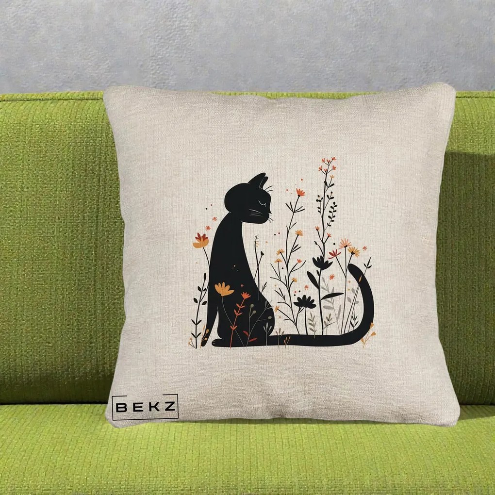 Perna Decorativa Pisica Neagra Flori Portocalii Silueta, 40x40 cm, Bej Canapea, Husa Detasabila, Perna Inclusa, BEKZ®