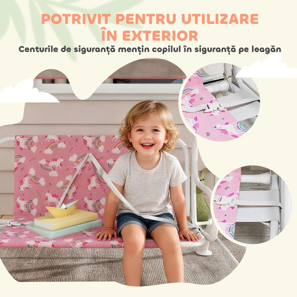 AIYAPLAY Leagăn pentru Copii de Exterior cu 2 Locuri, Acoperiș Reglabil și Centuri de Siguranță, Leagăn Grădină și Interior din Oțel și Material Oxford, Max 60 kg, 112x75x120 cm, Roz | Aosom Romania