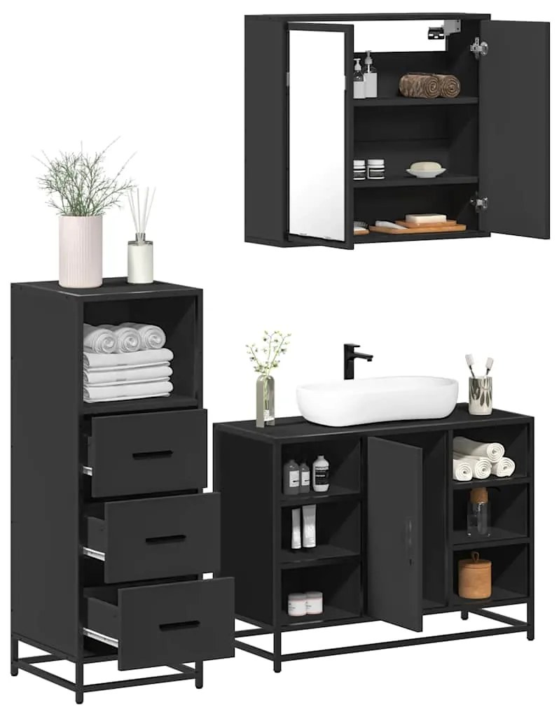 vidaXL Set mobilier de baie, 3 piese, negru, lemn compozit