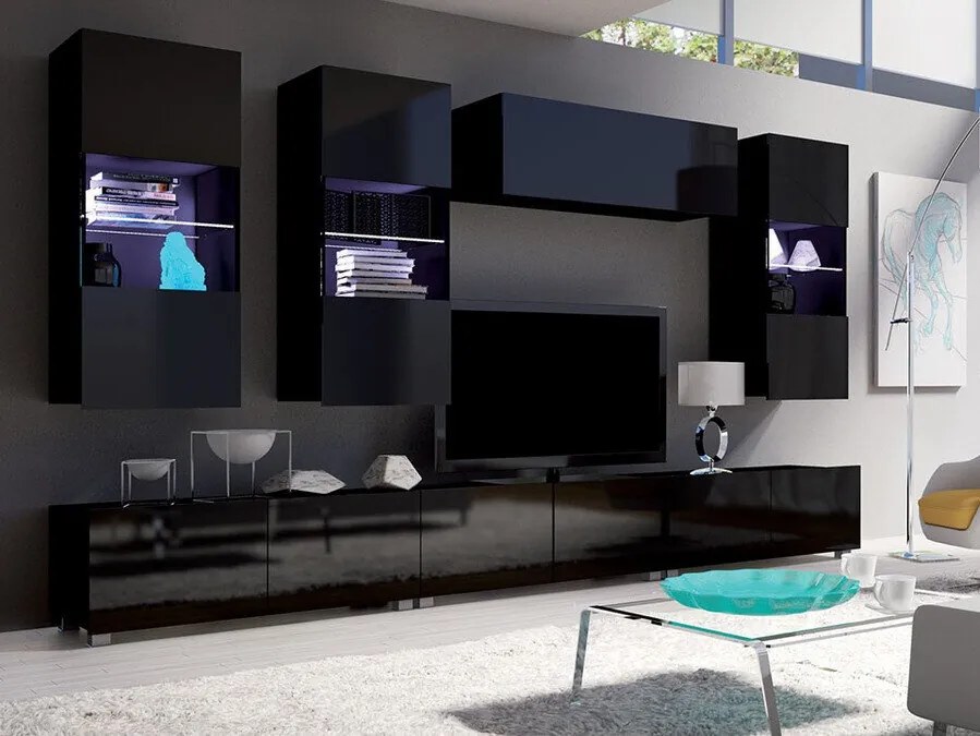 Set camera de zi Providence B121Negru, Negru lucios, Cu comodă TV, Cu componente suplimentare, Părți separate, PAL laminat, 300x43cm, 130 kg