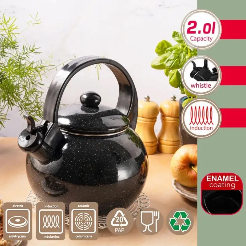 Ceainic cu fluier Kinghoff KH 2039, 2 l, interior emailat, compatibil cu plitele cu inducție, negru