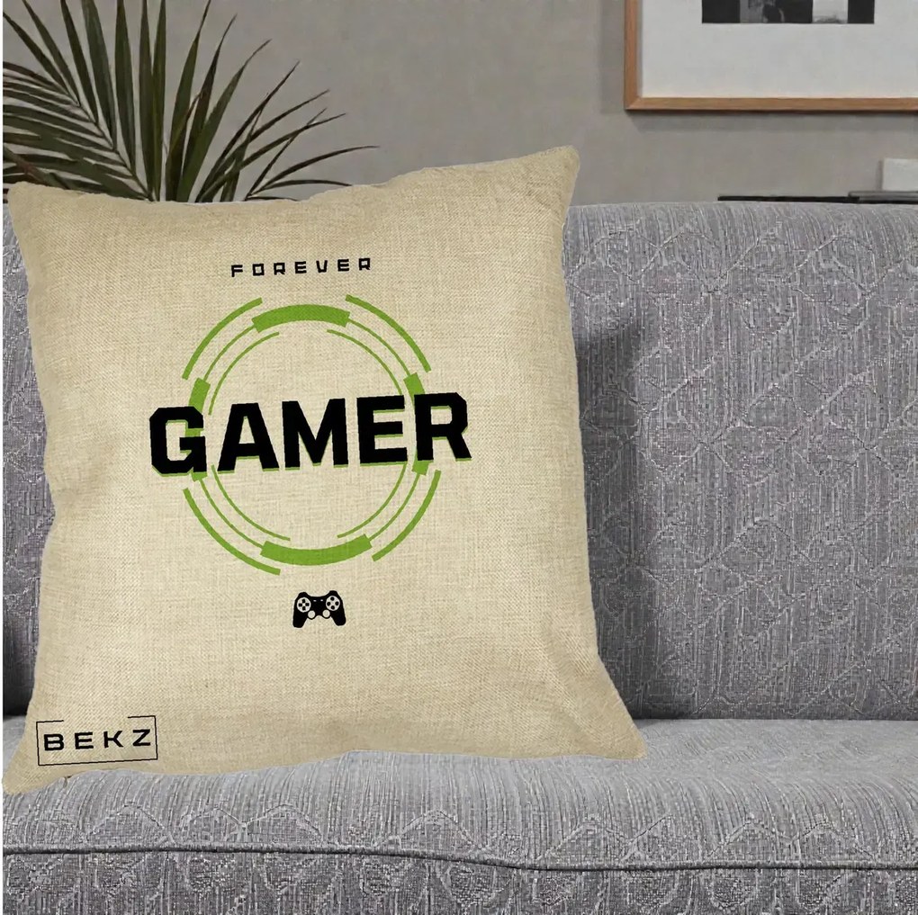 Perna Personalizata Forever Gamer, 40x40 cm, Crem, Husa Detasabila, Perna Inclusa, BEKZ®