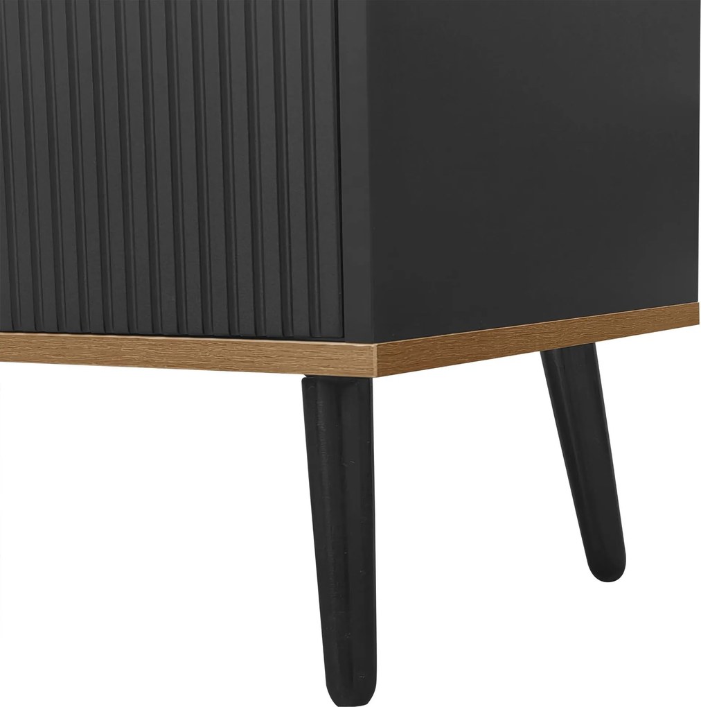 Comodă TV cu 3 uși, picioare din lemn și margine înaltă, 160x39x49,5 cm, Culoare naturală+Negru