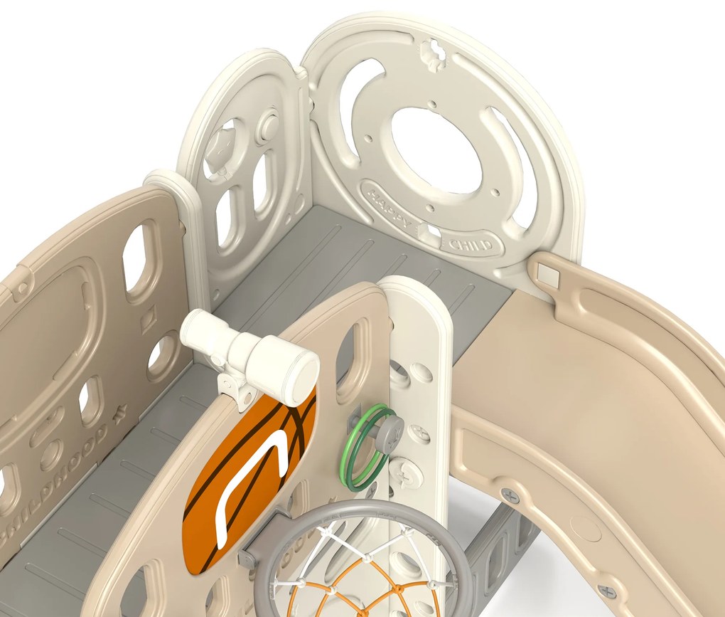 AIYAPLAY Loc de joacă pentru copii, tobogan 7-în-1, loc de joacă interior cu depozitare și tunel de târâre, 186x153x111 cm, alb crem | Aosom Romania