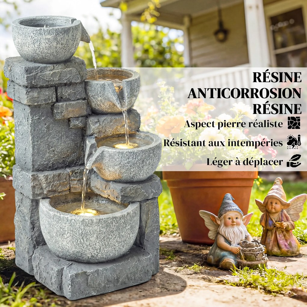 Outsunny Fântână de grădină Cascadă 4 niveluri Decorațiune efect piatră și cărămidă cu iluminare LED 28 x 25 x 54,5 cm Gri | Aosom Romania