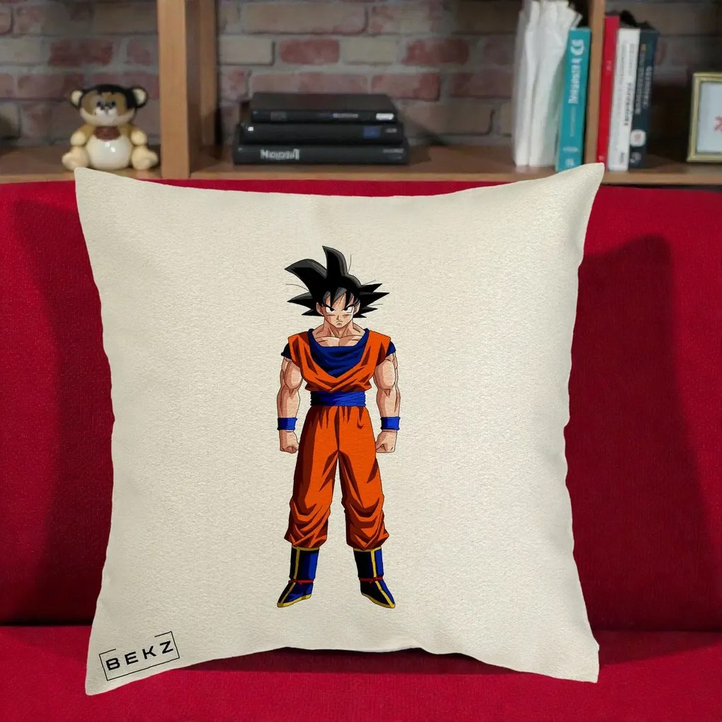 Perna Personalizata Dragon Ball Goku Complet in Gi Portocaliu, 40x40 cm, Ecru, Husa Detasabila, Perna Inclusa, BEKZ®