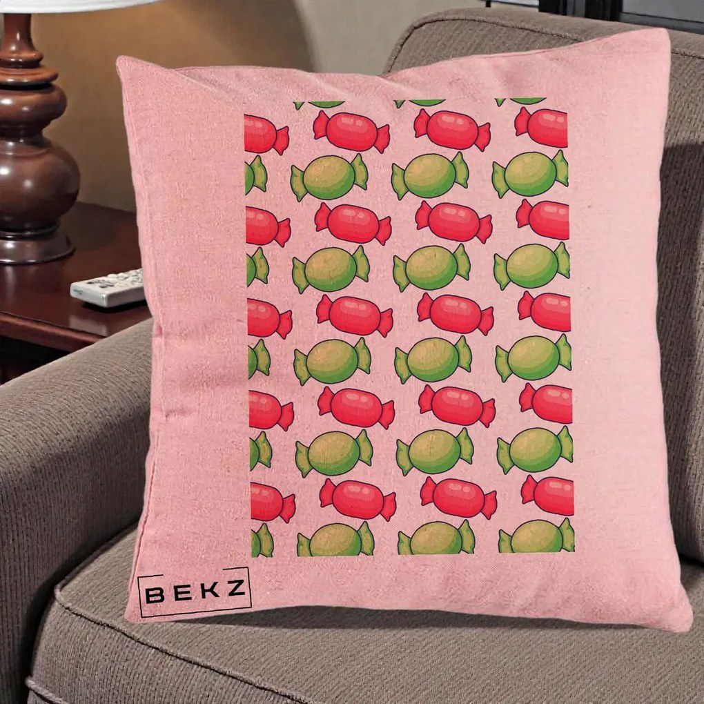 Perna Decorativa Bomboane Craciun Pattern, 40x40 cm, Roz, Husa Detasabila, Perna Inclusa, BEKZ®