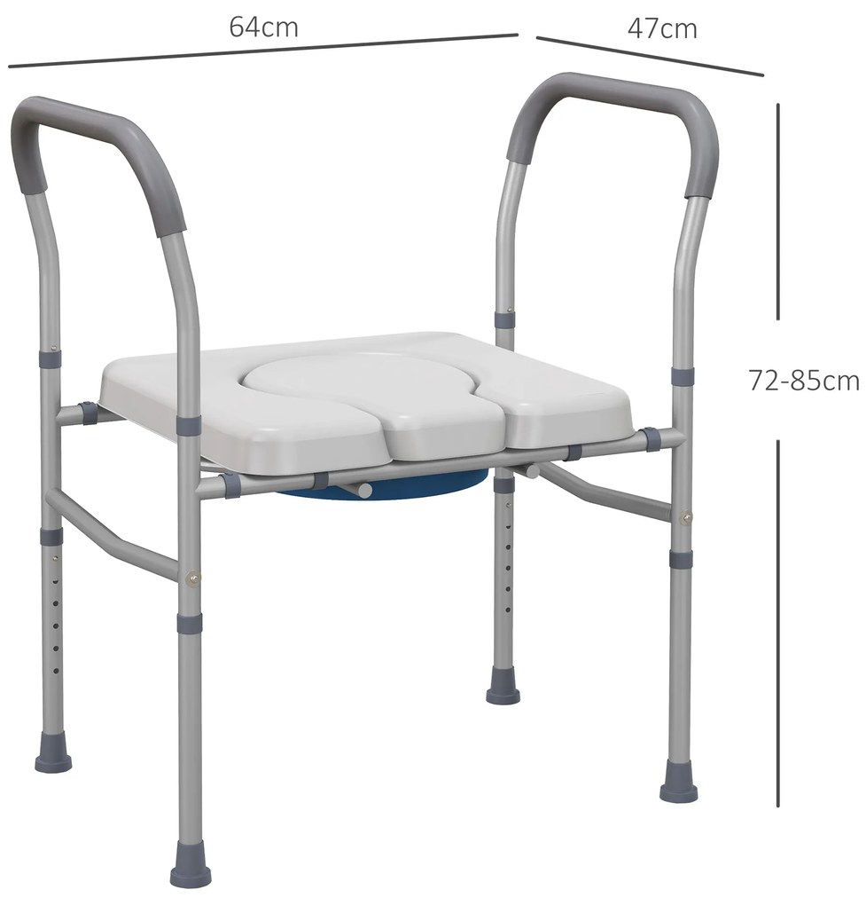HOMCOM Scaun cu Vas de Toaletă pentru Vârstnici, Scaun de Toaletă Multifuncțional 4-În-1 cu Înălțime Reglabilă, 64x53x70-82 cm, Gri | Aosom Romania
