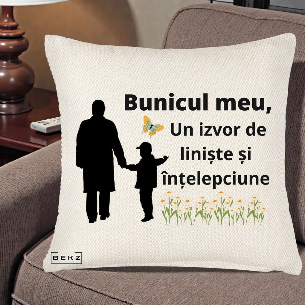 Cadou pentru Bunic - Perna Personalizata Bunicul Meu Izvor de Liniste cu Fluture si Baietel, 40x40 cm, Crem Reliefat, Husa Detasabila, Perna Inclusa, BEKZ®