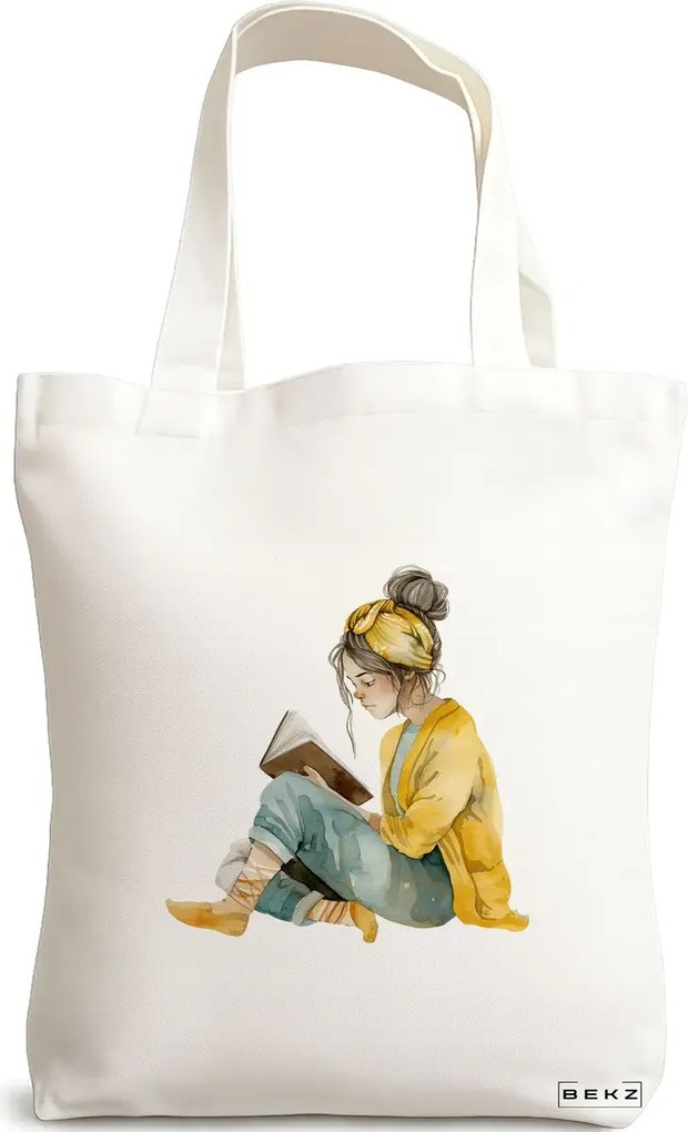 Sacosa de Panza pentru Cumparaturi, Geanta Tote, model The bookie girl 35 38 x 34.5 cm, Alba, BEKZ®