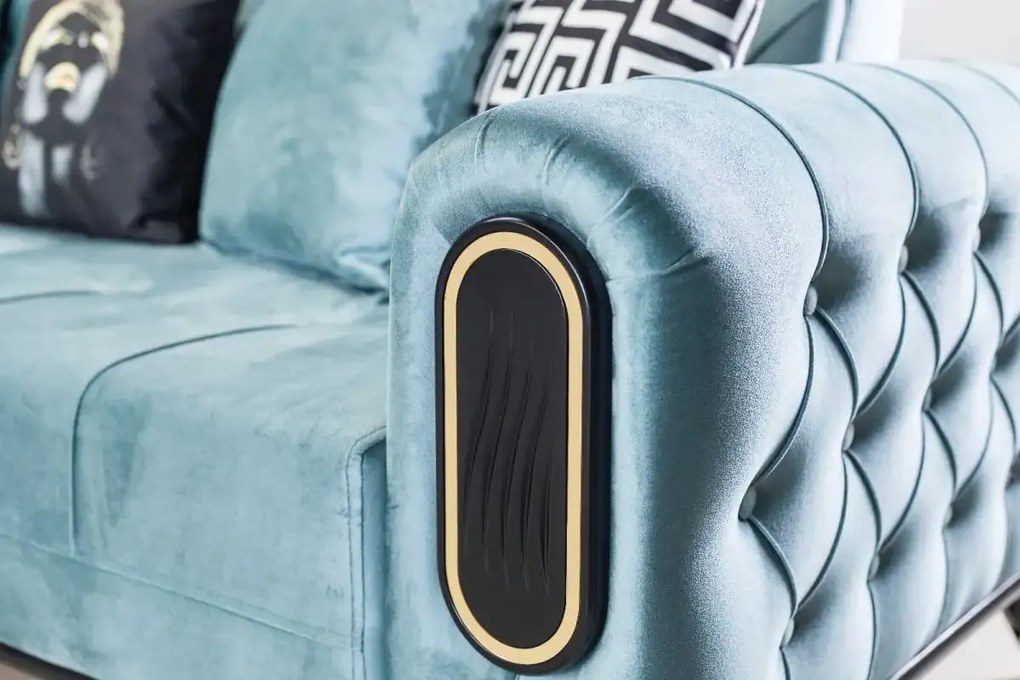 Canapea extensibila 3 locuri 225x89x90 cm – stofa albastra, detalii aurii – Salsa