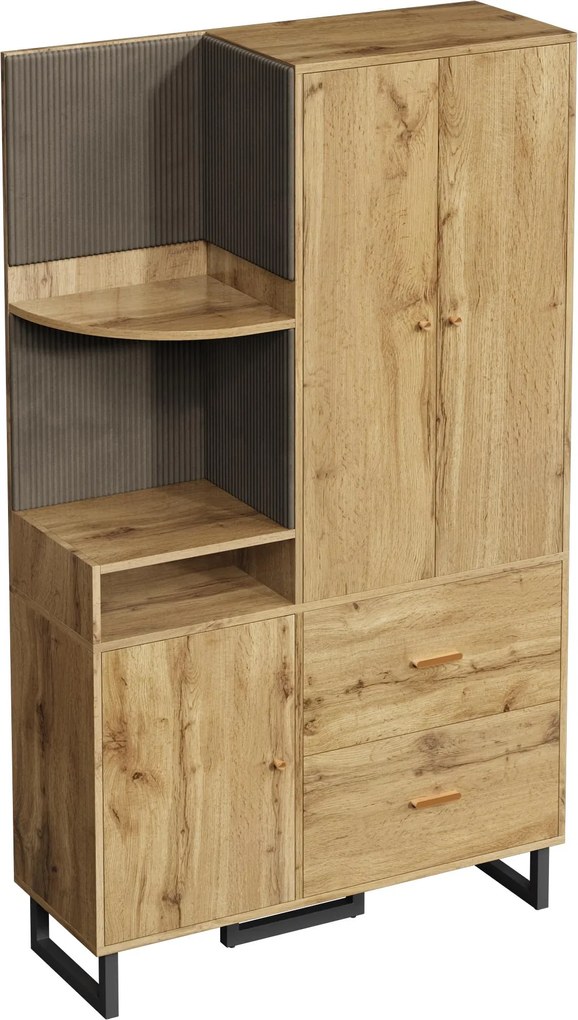 Dulap garderobă cu rafturi deschise, bară extensibilă pentru haine, 2 sertare încăpătoare, 110x38x186 cm, Culoare naturală