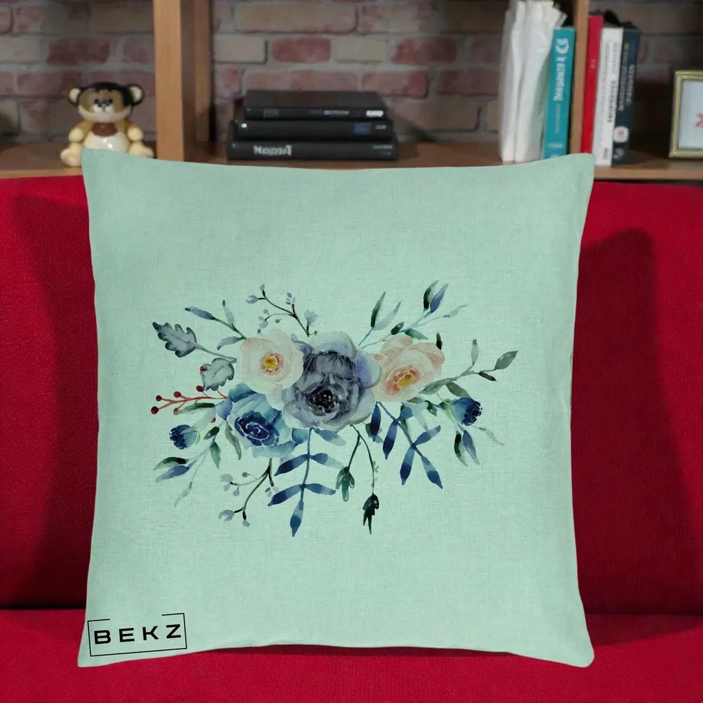 Perna Decorativa Buchet Flori Albastre Acuarela, 40x40 cm, Verde Menta, Husa Detasabila, Perna Inclusa, BEKZ®