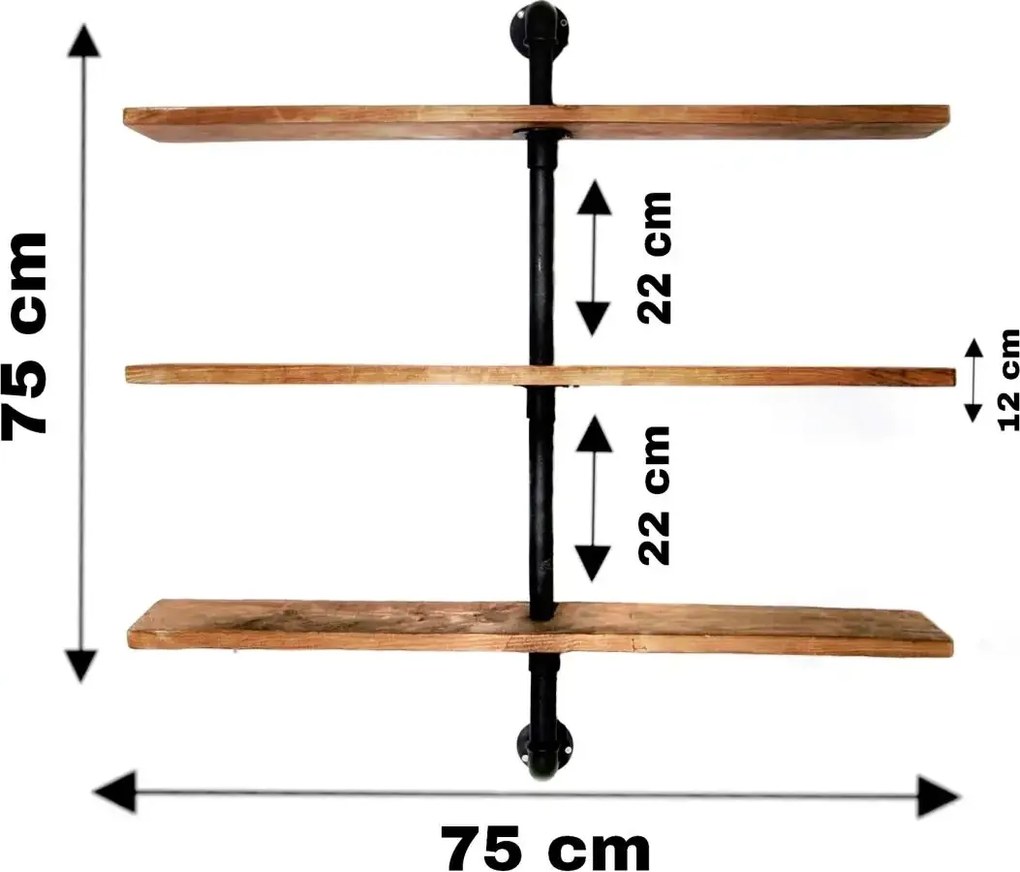 Raft cu 3 polite stil industrial din lemn-metal Homs 75 X 75 X 12 cm