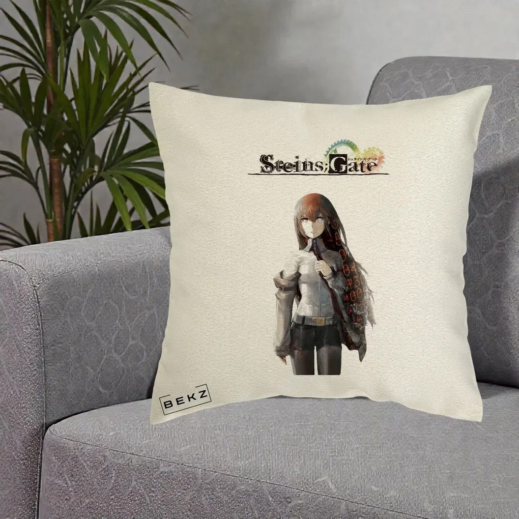 Perna Personalizata Steins Gate Kurisu Makise Anime, 40x40 cm, Ecru, Husa Detasabila, Perna Inclusa, BEKZ®