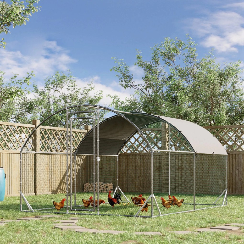 PawHut Coteț pentru Găini de Exterior, 2.8x3.8x2m Recintă din Oțel Zincat cu Acoperiș Impermeabil Anti-UV și Încuietoare, Găini, Iepuri și Rațe | Aosom Romania