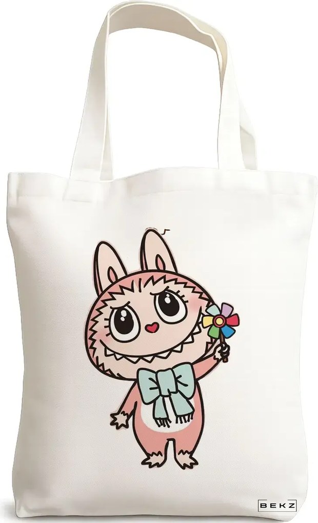 Sacosa de Panza pentru Cumparaturi, Geanta Tote, model Labubu 26 38 x 34.5 cm, Alba, BEKZ®