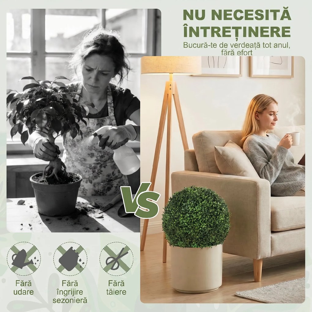HOMCOM Plante Decorative Artificiale din Buxus cu 682 de Frunze, Rezistente la UV, Înălțime 42 cm | Aosom Romania
