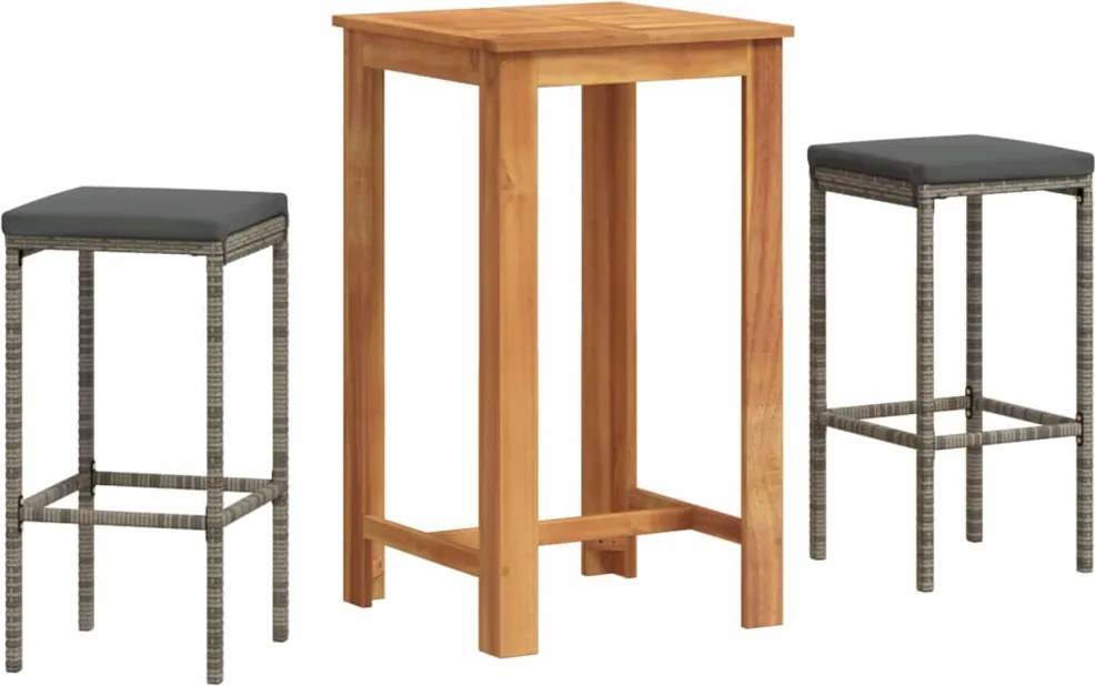 vidaXL Set bar de grădină, 3 piese, gri, lemn masiv acacia/ poliratan