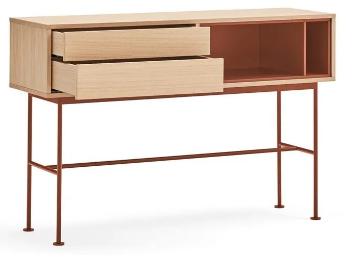 Consolă cu aspect de lemn de stejar Teulat Yoko, roșu cărămiziu