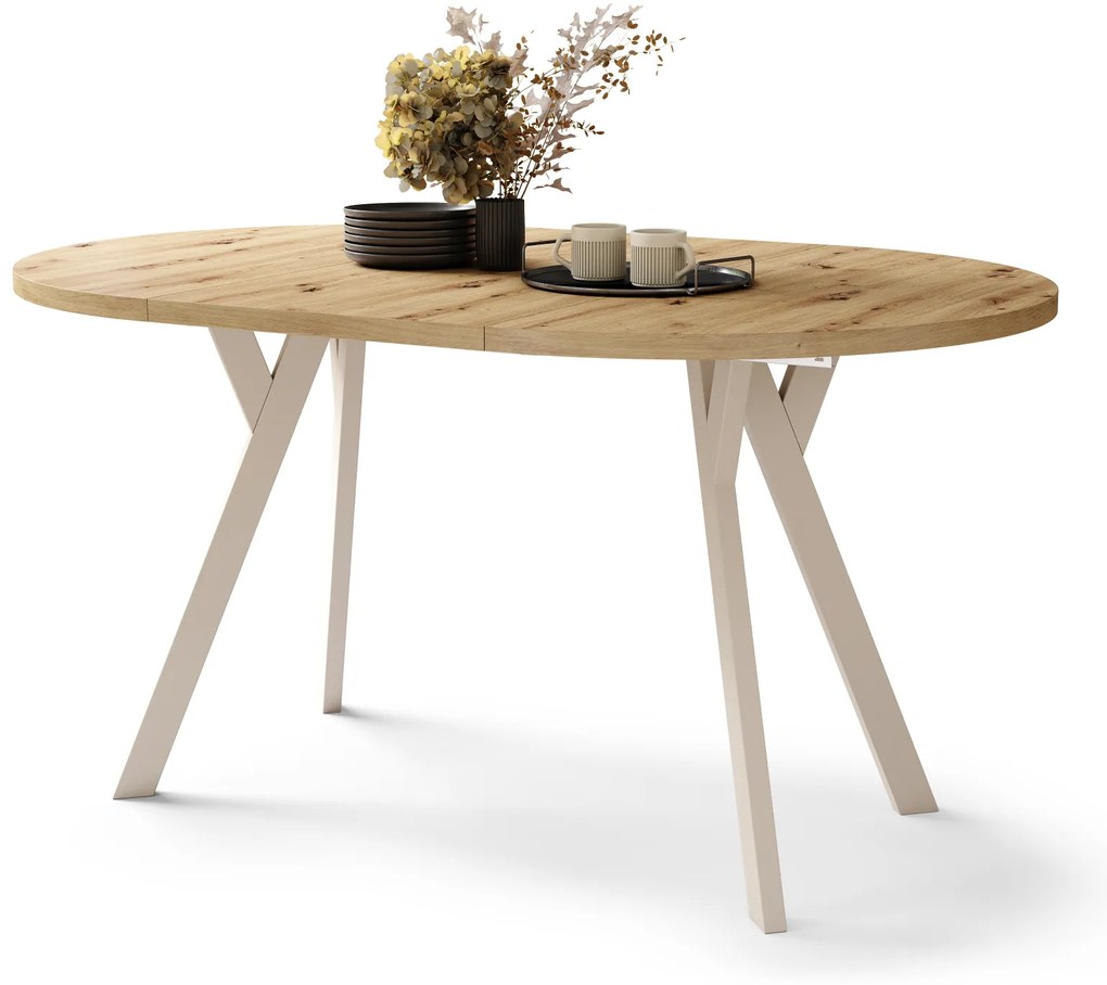 Mazzoni ALDO Stejar Artisan/picioare bej - MASĂ ROTUNDĂ STIL LOFT PENTRU SALON/SUFRAGERIE EXTENSIBILĂ CU PICIOARE ÎN FORMĂ DE "Y"
