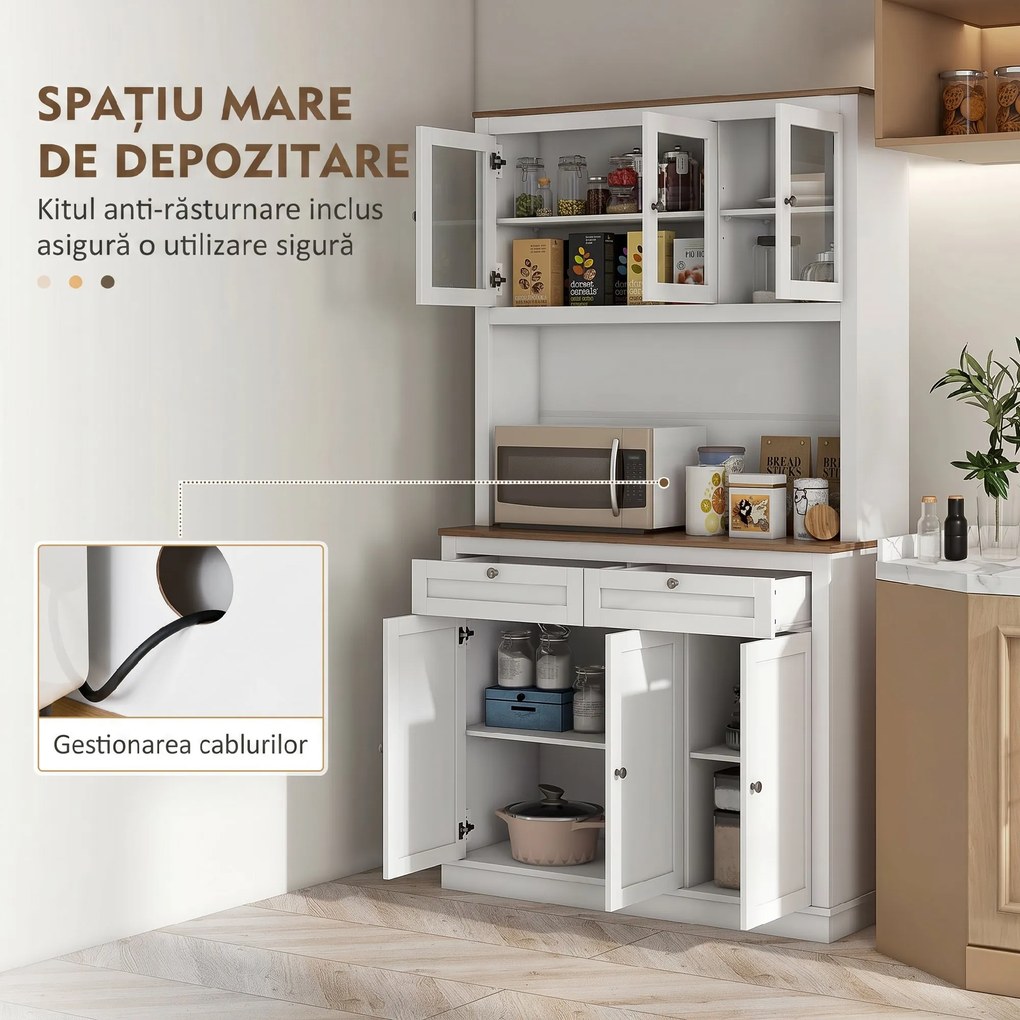 HOMCOM bufetieră înaltă de bucătărie cu 4 dulapuri, 2 sertare și blat central, 100x40x180 cm, alb | Aosom Romania