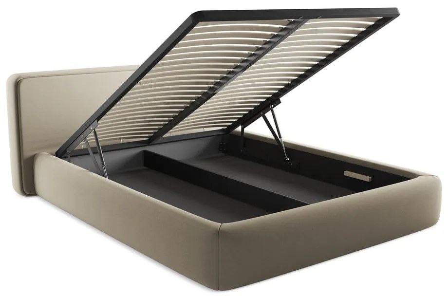 Pat matrimonial bej tapițat cu spațiu de depozitare cu somieră 160x200 cm Kiana – Makamii