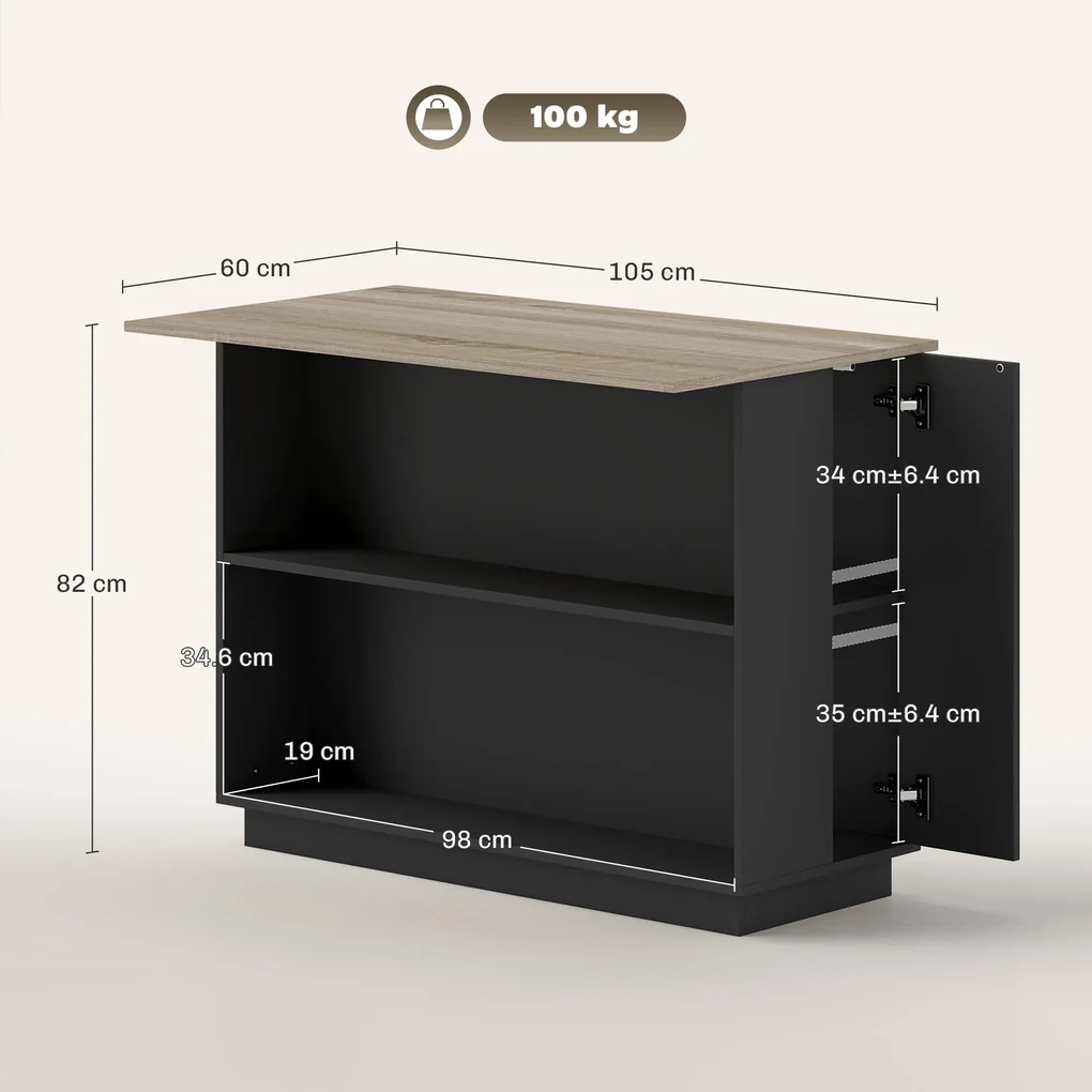 HOMCOM Insulă de Bucătărie cu Bar, Cărucior de Bucătărie cu 2 Compartimente Deschise și 2 Dulapuri, 105x60x82 cm, Negru | Aosom Romania