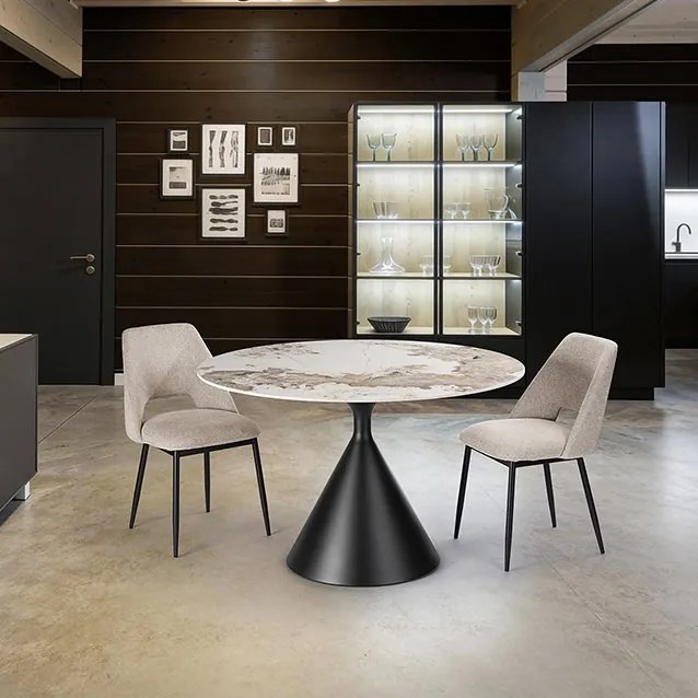 Masa rotunda metal negru/ portelan cu efect de marmura Panda 120cm