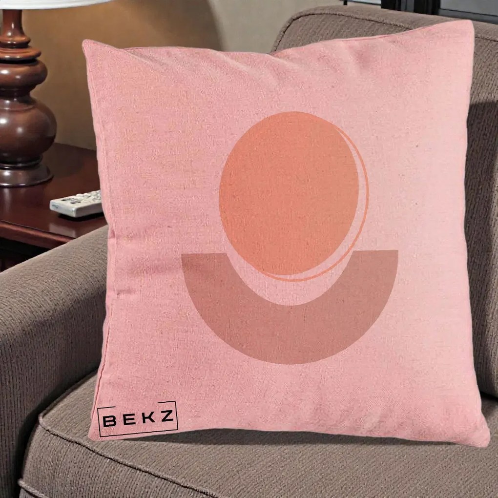 Perna Decorativa Geometric Boho Luna si Disc, 40x40 cm, Roz, Husa Detasabila, Perna Inclusa, BEKZ®