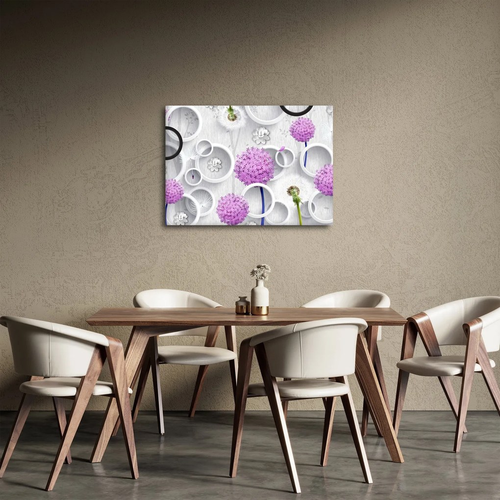 Tablou cu abstracție 3D cu cercuri și flori (70x50 cm)