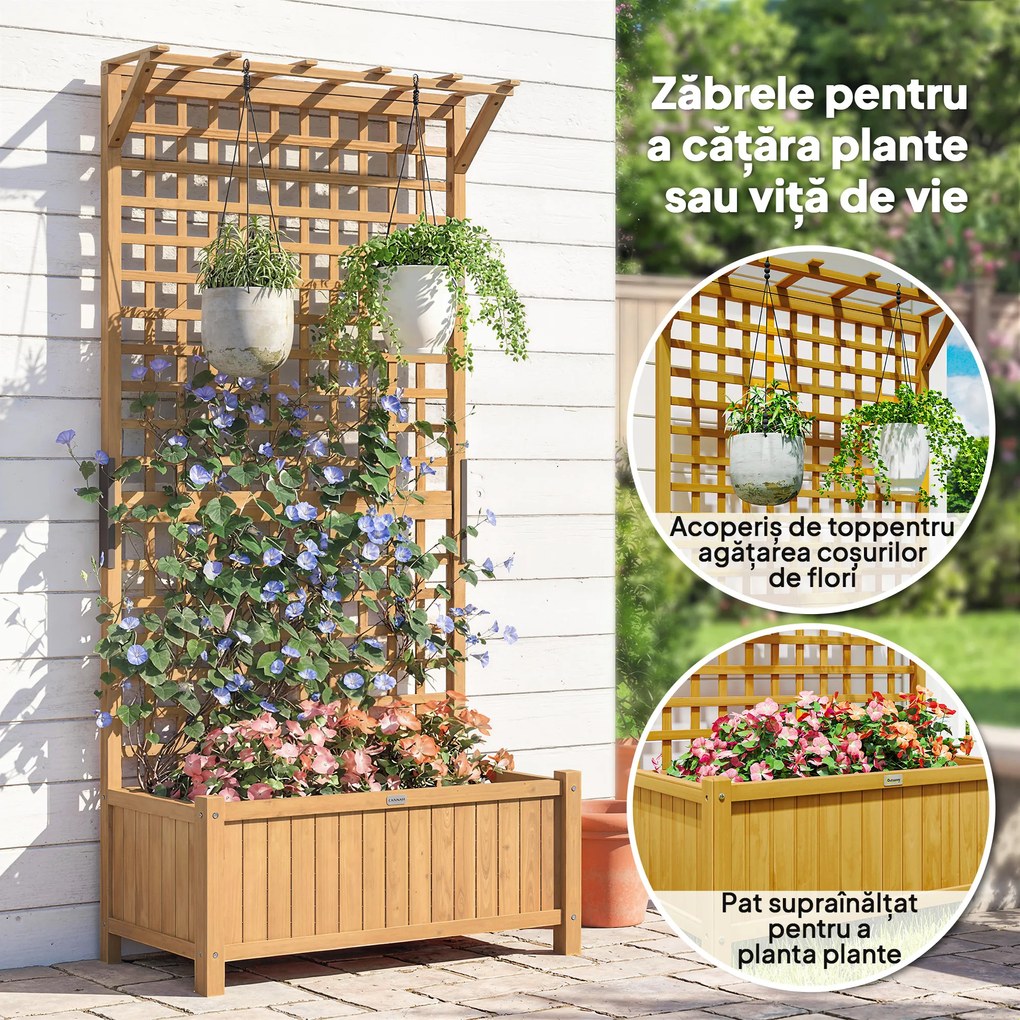 Outsunny Jardinieră înălțată cu Spalier și Acoperiș, Ghiveci, Strat de Flori, rezistent la intemperii, Lemn, 90 x 45 x 183 cm, Maro | Aosom Romania