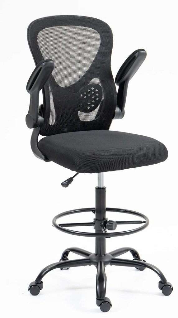 RESIGILAT- Scaun ergonomic de lucru, brate rabatabile, suport lombar, rotativ, înaltime reglabila, inel de sprijin pentru picioare reglabil, spatar mesh, Negru