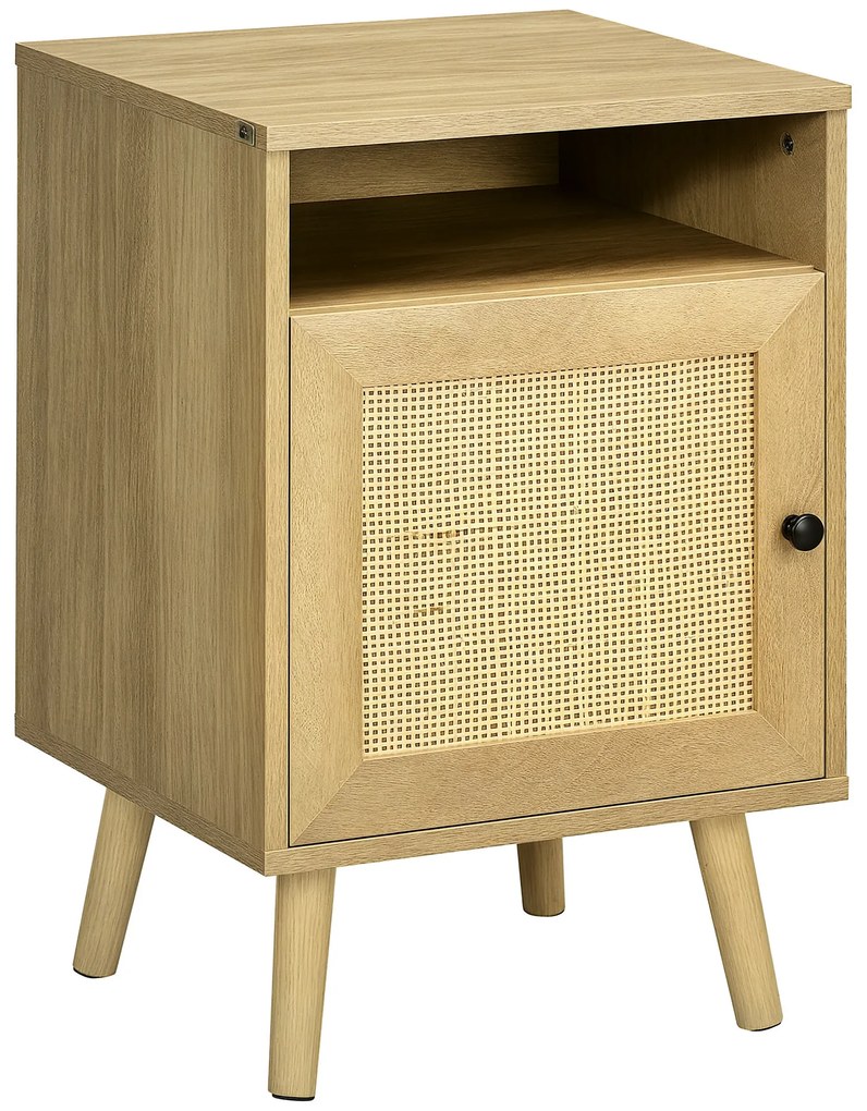 HOMCOM Noptieră cu Ușă de Ratan Masă Auxiliară pentru Dormitor Sufragerie Pat 39x35x60 cm Lemn Natural | Aosom Romania