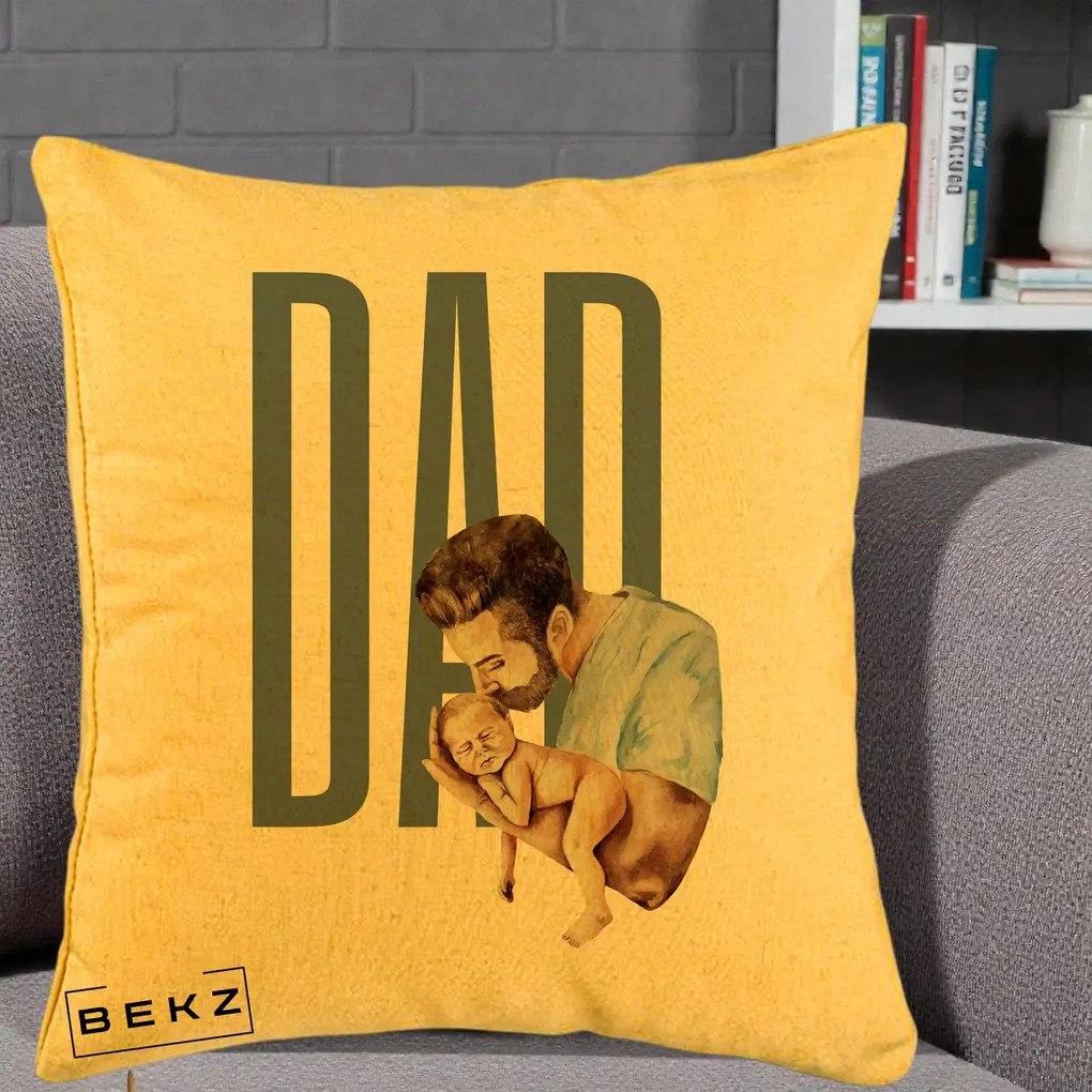 Cadou pentru Tata - Perna Personalizata DAD Tata si Nou-Nascut, 40x40 cm, Galben, Husa Detasabila, Perna Inclusa, BEKZ®