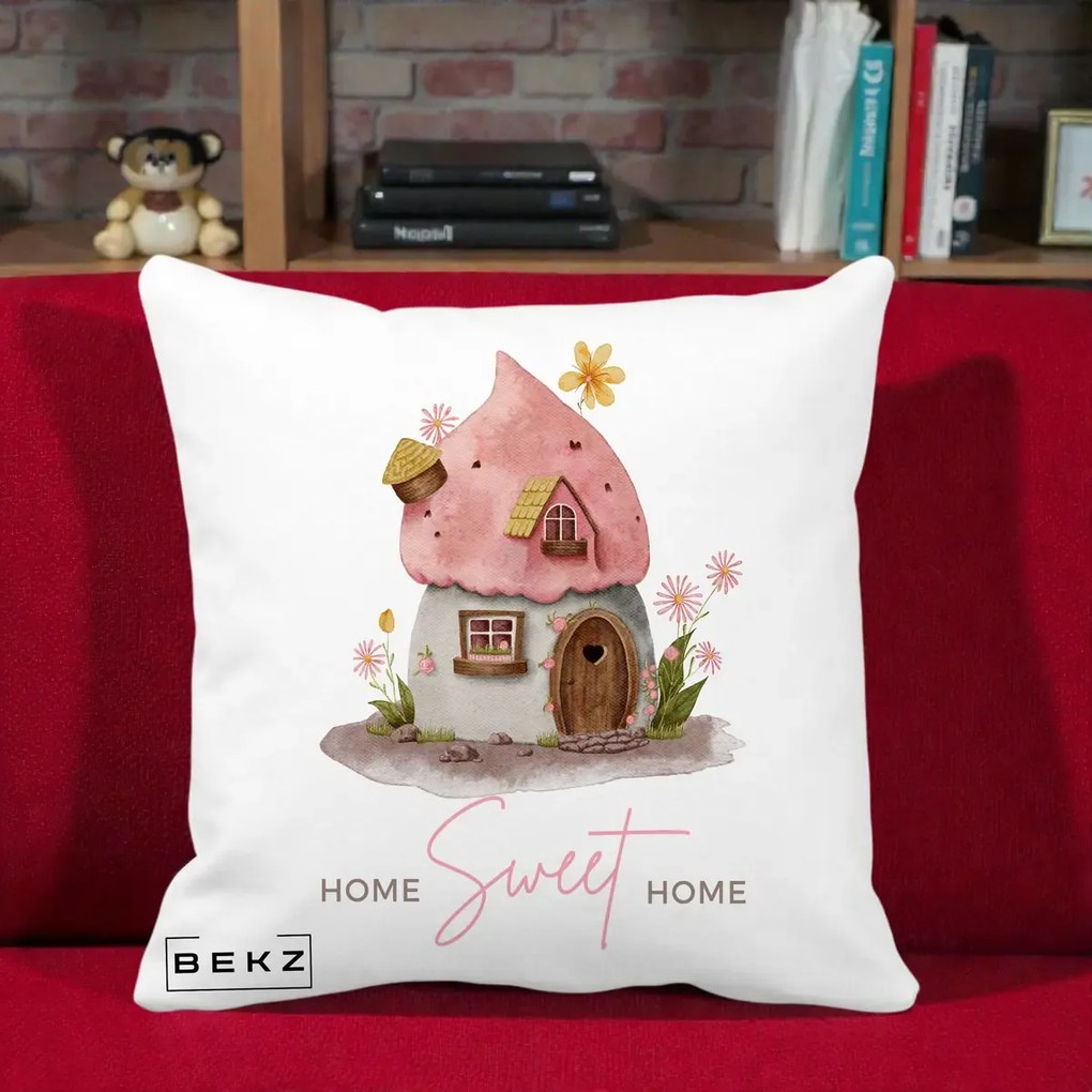 Perna Decorativa Home Sweet Home Casuta, 40x40 cm, Alba Mata, Husa Detasabila, Perna Inclusa, BEKZ®