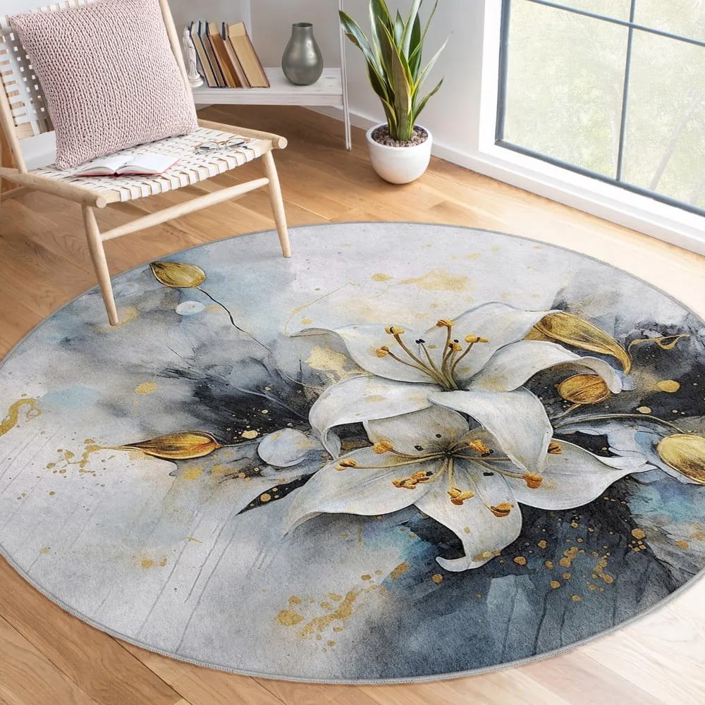 Covor albastru/gri lavabil rotund ø 150 cm Golden Lilly – Mila Home