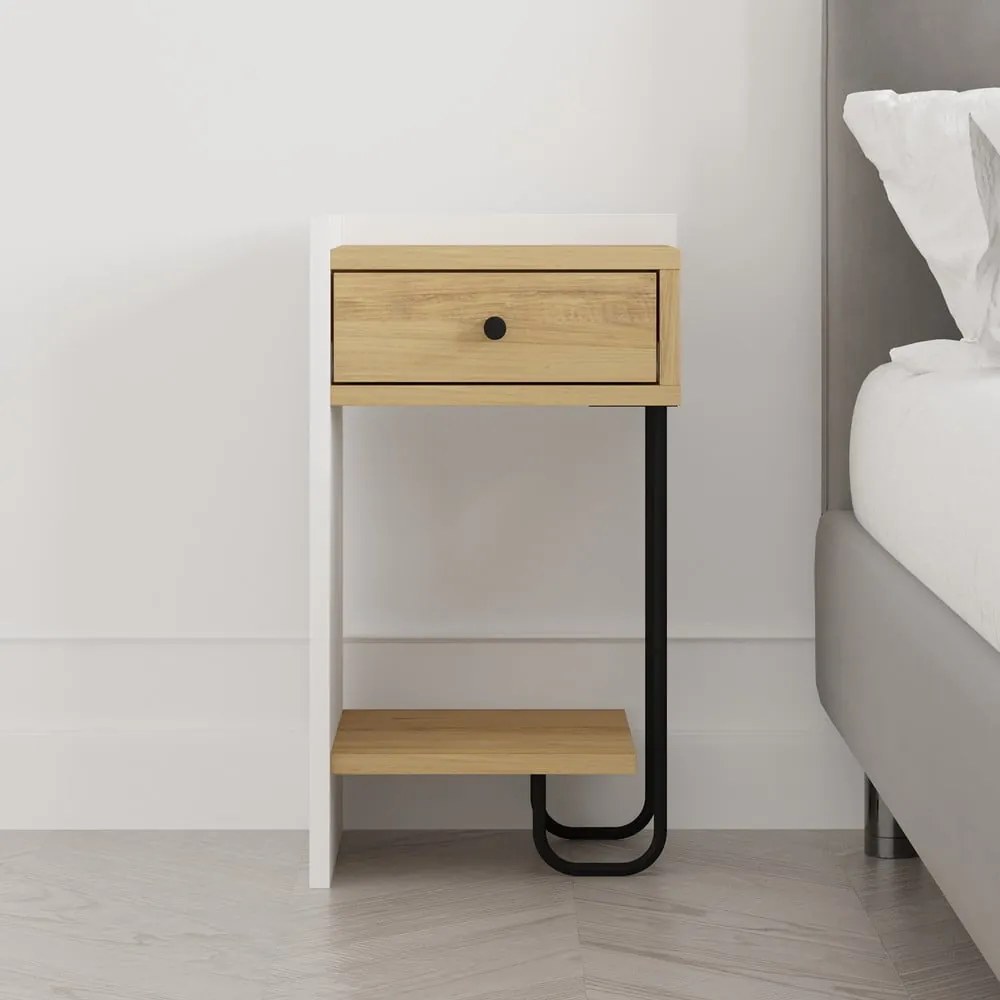 Noptieră albă/în culoare naturală cu rafturi cu aspect de lemn de stejar Mercure – Marckeric